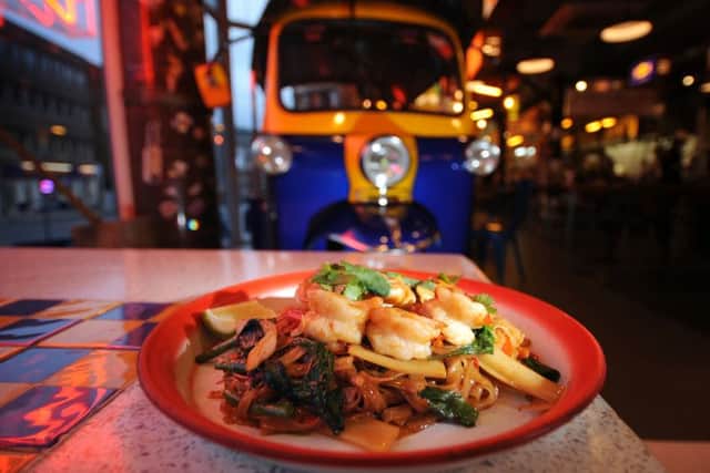 Oliver review..Zaap, Grand Arcade, Leeds...Pad Kee Mao..Spicy stir fried noodle, Prawn with basil and Vegetable.13th January 2016 ..Picture by Simon Hulme