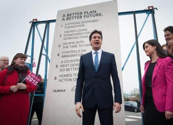 Former Labour leader Ed Miliband unveils his 'Ed Stone'.