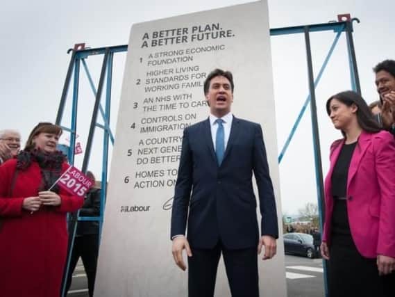 Former Labour leader Ed Miliband unveils his 'Ed Stone'.