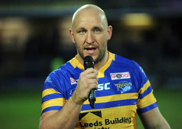 Carl Ablett speaks to the Headingley crowd at his testimonial yesterday.