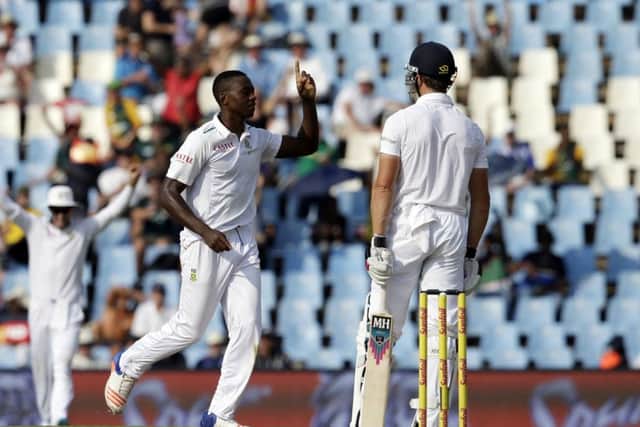 South Africas Kagiso Rabada, left, reacts after dismissing Englands batsman Nick Compton. (AP/Themba Hadebe)