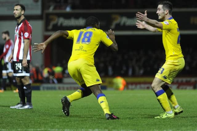 Mustapha Carayol celebrates his goal for Leeds United against Brentford with Lewis Cook. Picture: Bruce Rollinson
