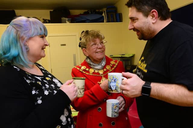 19 Jan 2015...... Craig Binns and Karen McGuire share a joke with the Mayor of Wakefield Cllr June Cliffe at the launch of their new Autistic Spectrum youth group, called Fusion in Wakefield. Picture Scott Merrylees