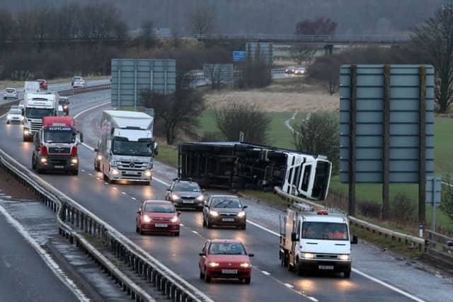 An overturned lorry on the M9 near Falkirk
