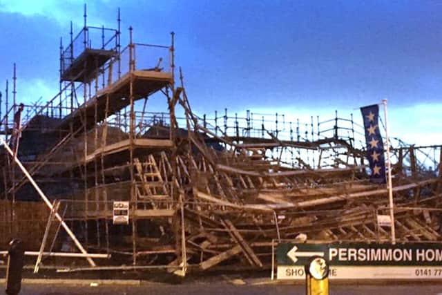 Twitter picture of scaffolding blown over at a show home in Lenzie, East Dunbartonshire as Storm Gertrude sweeps the country