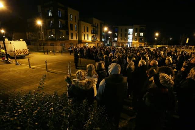Locals in Bywater Allerton hold a vigil for murder victims Geraldine Newman, 51, her son Shane Newman, 6 and her daughter Shannon Newman. Picture: Ross Parry Agency
