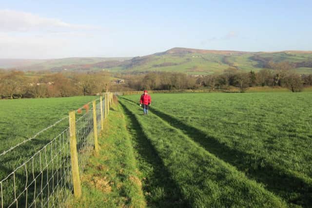 Approaching Gildersber Farm with Beamsley Beacon on skyline.