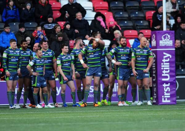 Leeds Rhinos players show their frustration at Widnes.
