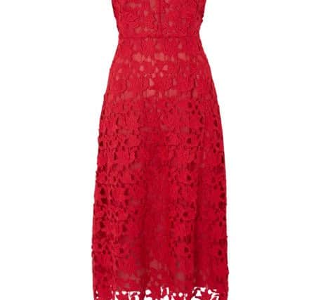 Red lace dress, £175, from Laura Ashley.