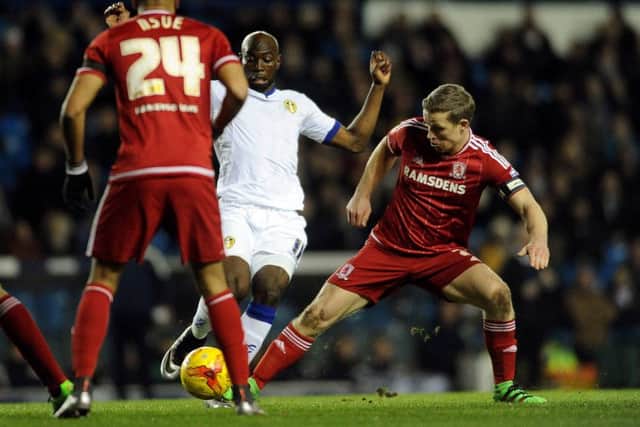 Leeds United's Souleymane Doukara takes on the Boro defence. PIC: James Hardisty