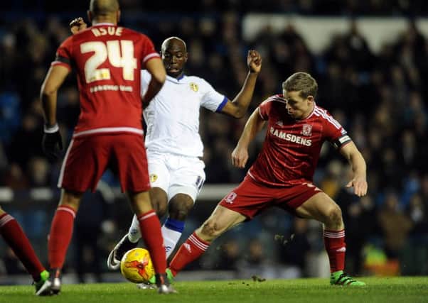 Leeds United's Souleymane Doukara takes on the Boro defence. PIC: James Hardisty