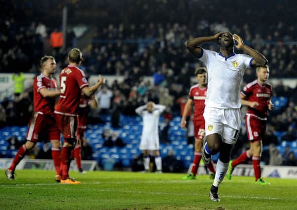 Leeds United's Souleymane Doukara reacts after being denied a goal by Middlesbrough stopper Dimi Konstantopoulos. PIC: James Hardisty