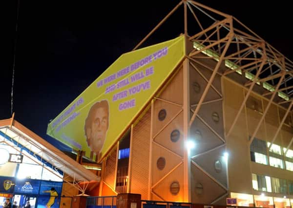 Projection protest by Leeds fans on the side of the East stand at Elland Road.
