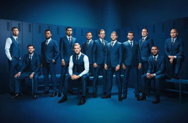 The England team wearing the official M&S suits made in cloth by Alfred Brown.