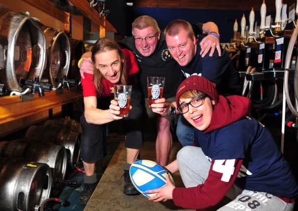 David Dixon, Carl Lockwood, Mike Hampshire and Maddie Culling at last years rugby themed Leeds Beer Festival at Pudsey Civic Hall