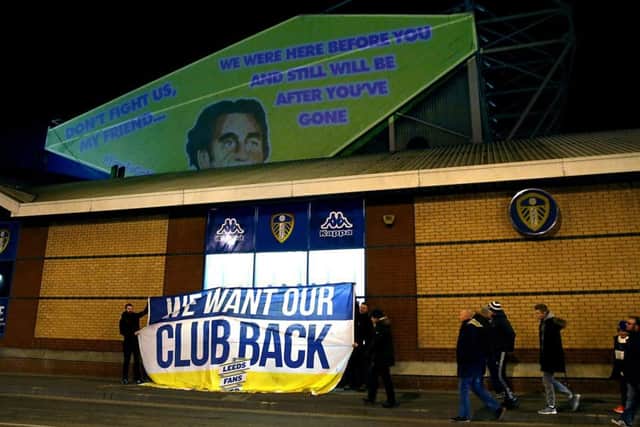 Projections and a banner, in protest of Leeds owner Massimo Cellino, are seen prior to the Sky Bet Championship match at Elland Road, Leeds. (Picture: Tim Goode/PA Wire)