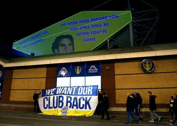 Projections and a banner, in protest of Leeds owner Massimo Cellino, are seen prior to the Sky Bet Championship match at Elland Road, Leeds. (Picture: Tim Goode/PA Wire)
