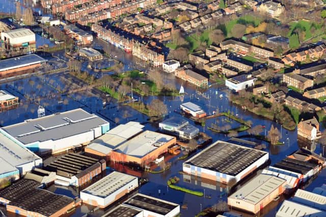 An aerial view of Kirkstall after the flood. Kirkstall Industrial Park is in the foreground