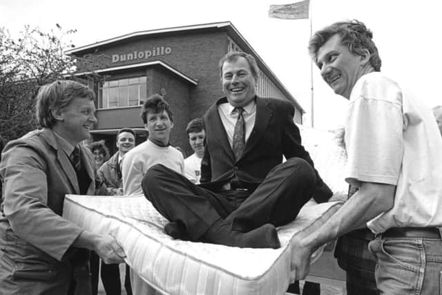 1991: Peter Shoubridge, Dunlopillos export director was paraded on a mattress after winning a Queen's award.