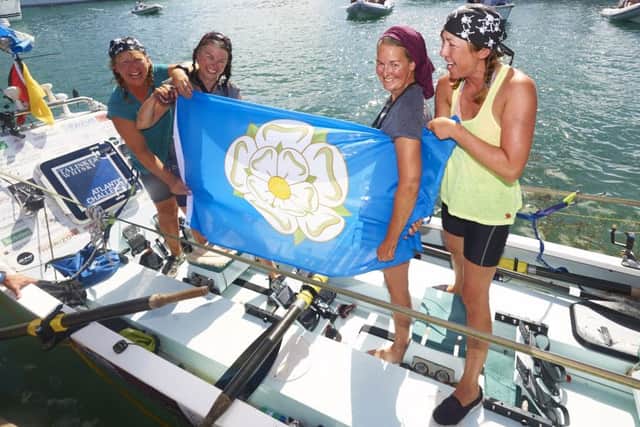 The Yorkshire Rows cross the finish line in Antigua. Picture: Ben Duffy