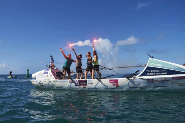The all-female four, Yorkshire Rows, (Janette Benaddi (49), Helen Butters (43), Niki Doeg (43) and Frances Davies (45)) cross the finish line of the Talisker Whisky Atlantic Challenge, known as the worlds toughest row. (Picture Ben Duffy)