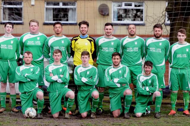 Main Line Social FC, back from left, William Harrison, Chris Sowden, Brad White, Gareth Mattison, Ashley Williamson, Shane Thompson, John Darke, and Brad Sharrocks. Front, Tom Clarke, Joe Hill, Callum Woodhouse, James Halliday, and Danny McKane.
