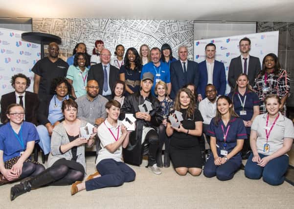 Justin Bieber meets the NHS Choir including Dr Katie Rogerson (front row, centre right). Picture by Carsten Windhorst/ FRPAP.com.