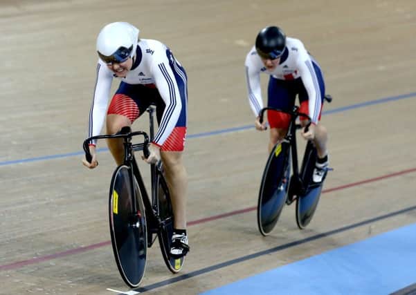 Great Britain's Jessica Varnish (left) and Katy Marchant compete in the Women's Team Sprint during day one of the UCI Track Cycling World Championships at Lee Valley VeloPark, London.