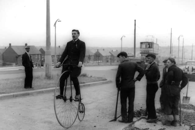 PENNY FARTHING BIKE 1953. JUNCTION OF DURHAM ROAD/PROSPECT LIGHTS OLD NEG NUMBER 22-2385
cyclist Alfred Nuttall - he was on a 200 mile cycle journey from Harrogate to Edinburgh for the 75th anniversary of Cycling Touring Club of Great Britain
picture caption: Alfred Nuttall, a 23 year old Leeds born aircraftman, leaves Sunderland today for Durham on another stage of his 200 mile penny farthing journey from Edinburgh to Harrogate. His trip is part of the 75th aniversary celebrations of the Cyclists Touring Club Sunderland Echo Tuesday August 4 1953