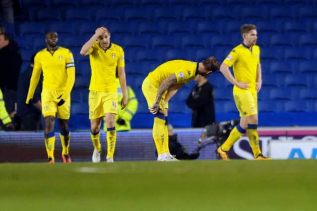 NOT AGAIN: Leeds players show their frustration after the fourth Brighton goal on Monday night. Picture: Simon Hulme
