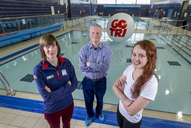 Olympian Lucy Hall joins Jenny Vincent and Coun Roger Harington in helping to launch Go Tri at Armley Leisure Centre. Picture by James Hardisty.
