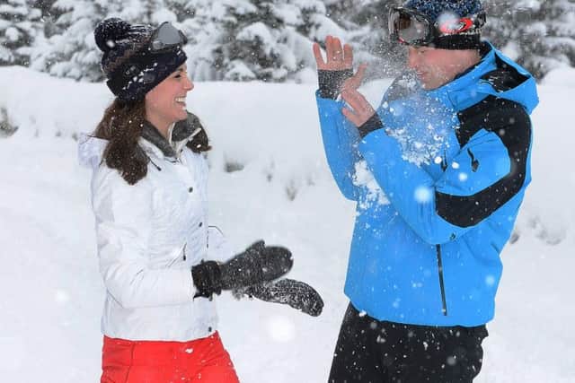 The Duke and Duchess of Cambridge after she threw a snowball at him during a short private break skiing in the French Alps.