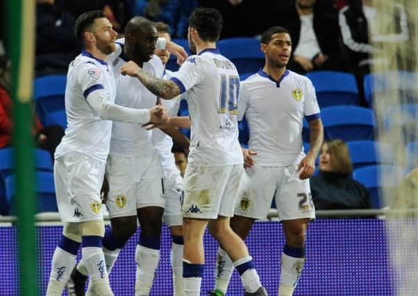 Souleymane Doukara and Leeds celebrate his opening goal against 
Cardiff City. (Picture: Bruce Rollinson)