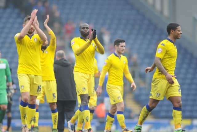 Leeds United players celebrate the victory over Blackburn.