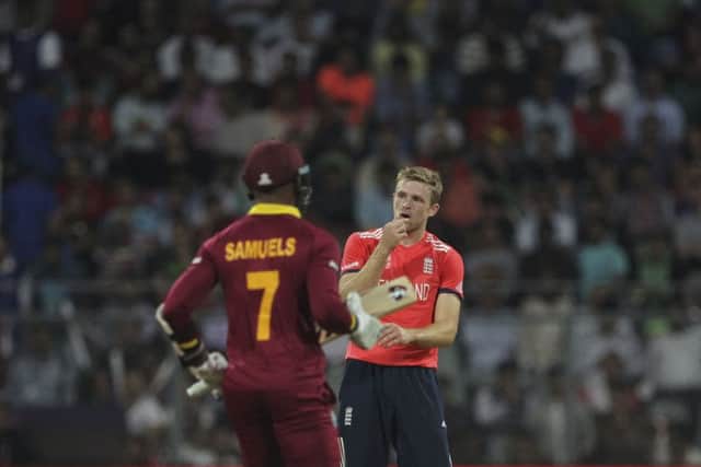 England and Yorkshire's David Willey looks as as West Indies Marlon Samuels scores runs in their World Twenty20 opener.