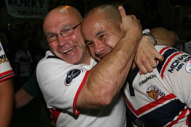 Wakefield coach John Kear (left) celebrates with captain Monty Betham after their Super League winner-takes-all match against Castleford at Belle Vue back in 2006. PRESS ASSOCIATION Photo. Picture: Nigel Roddis/PA.
