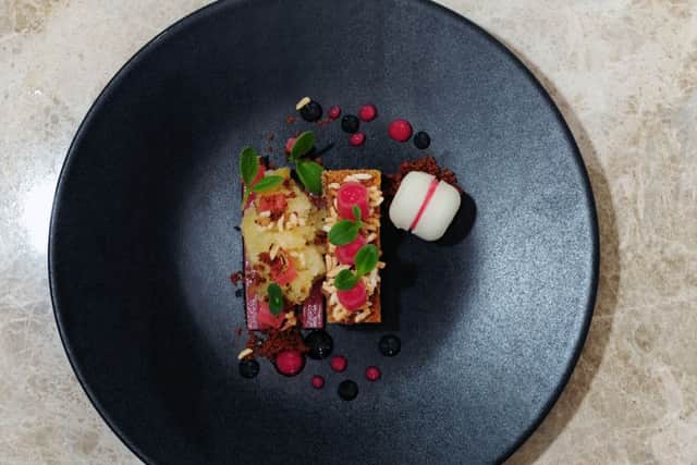 Yorkshire Rhubarb with yogurt and ginger beer Changyu Golden Diamond Vidal Ice Wine.