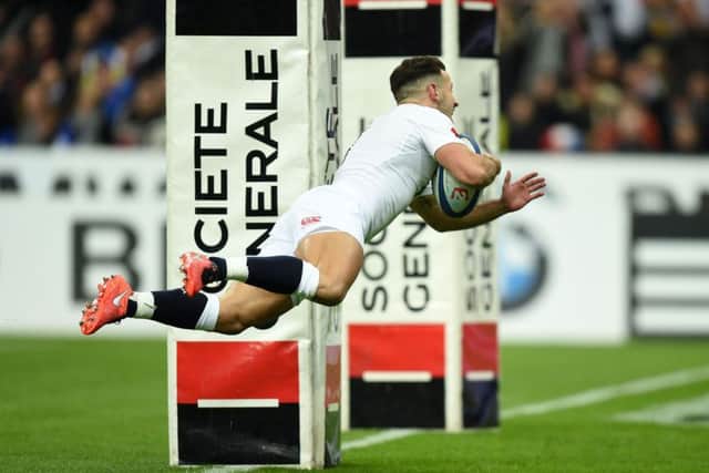 Former Leeds Tykes star, Danny Care, scores England's  first try at the Stade de France. Picture: Andrew Matthews/PA.