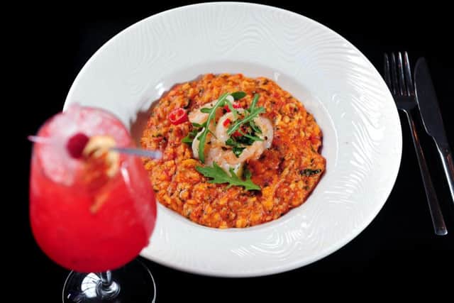 Oliver......... Manahatta, Merrion Street, Leeds. King prawn & crab risotto, fresh coriander, red chillies,
Italian cheese and Raspberry Cooler cocktail.
18th March 2016.
Picture : Jonathan Gawthorpe