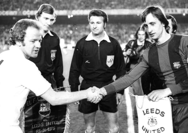 GREAT NIGHT: Billy Bremner and Johan Cruyff shake hands before the second leg at the Nou Camp in April 1975.