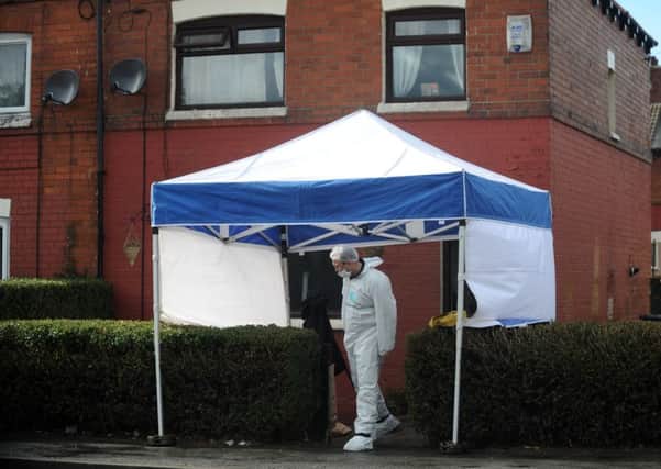 Police and Forensics at a house on East Park Street, East End Park, Leeds, where 3 bodies were found.. 27th March 2016. Picture by Simon Hulme