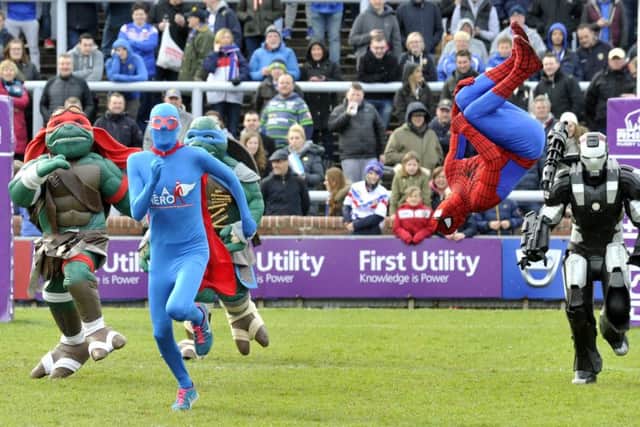 The Be A Hero mascot races other mascots and superheroes at Headingley Carnegie Stadium. Picture by Bruce Rollinson.