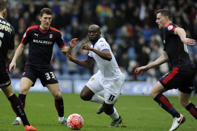 WE'LL MEET AGAIN: Leeds United's Soulemayne Doukara looks for a way through past Rotherham's Kirk Broadfoot and Frazer Richardson during the FA Cup tie between the two back in January. Picture: Bruce Rollinson