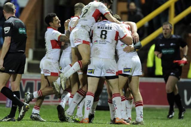 Hull KR celebrate Mitch Allgood's try .against Leeds Rhinos on Friday. Picture: Bruce Rollinson.