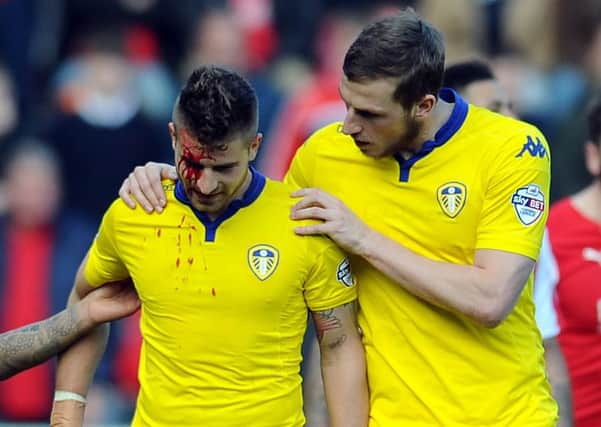 Leeds's Gaetano Berardi took an elbow to the face against Rotherham United on Saturday. Picture: Tony Johnson.
