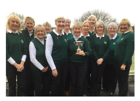 A few of the ladies who helped Moortown retain their Winter Alliance trophy, l-r: Sue Rogerson, Beverley Burrows, Sue Winn, Liz Boldy, Christine Mannion, Patsy Mannion, lady captain Didi Powers, Glenys Smart, Susan Mannion, lady vice captain Glynis Webster, Beryl Pickering and Fiona Stoddard.