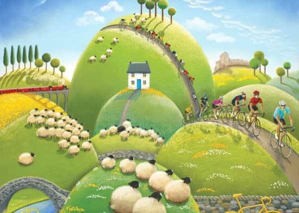 Lucy Pittaways painting Hills, Dales and Woolly Tails features sheep as spectators of the Tour De Yorkshire.