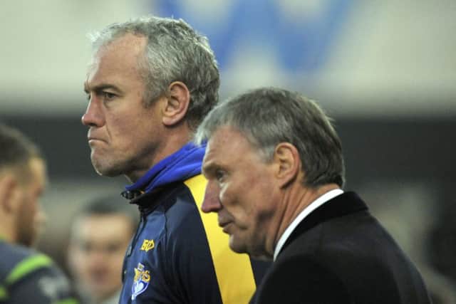 Brian McDermott and Gary Hetherington after the final whistle at Salford Red Devils.