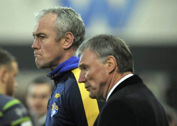 Brian McDermott and Gary Hetherington after the final whistle at Salford Red Devils.