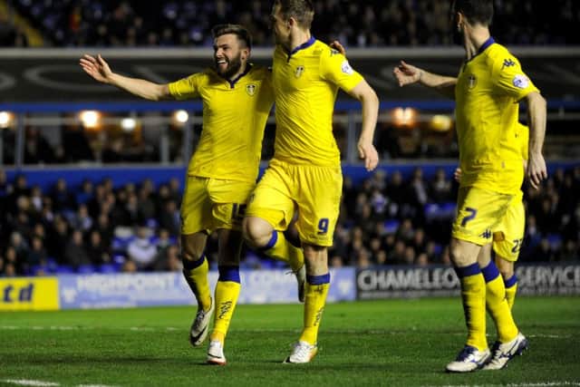 Stuart Dallas celebrates his second goal with Chris Wood and Lewis Cook.
(Picture: Bruce Rollinson)